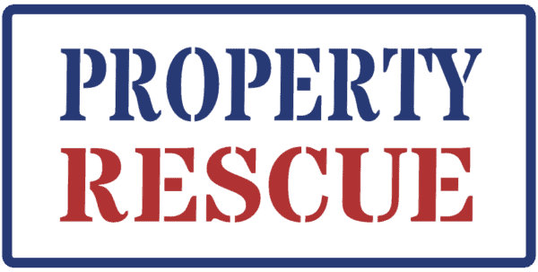 Property Rescue of Dubuque, Iowa logo with stencil font in red and blue text with a white background.
