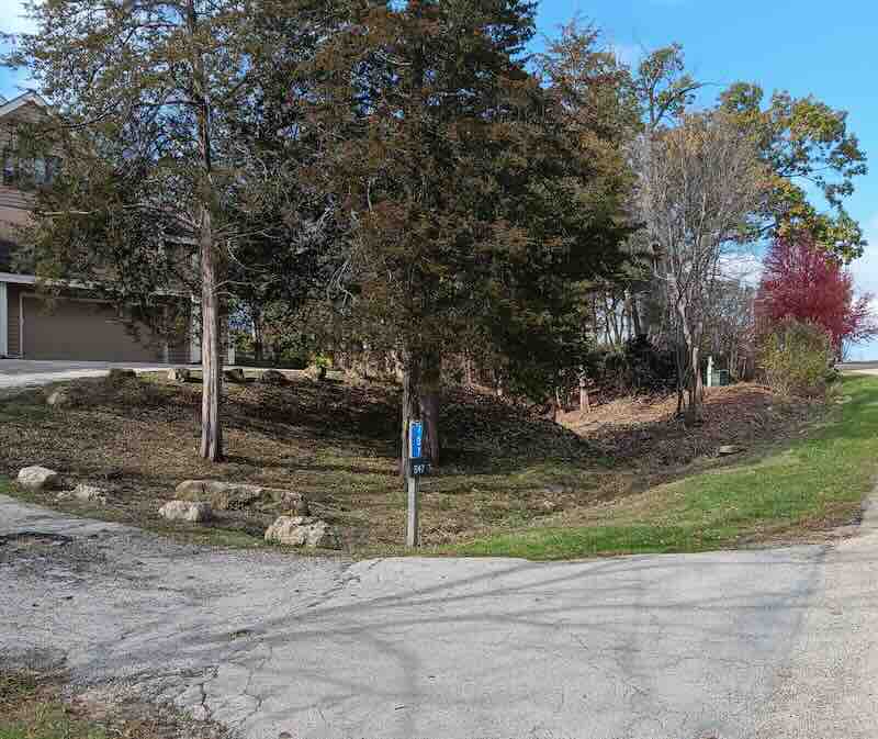 Driveway with trees, rocks, and house on roadside.