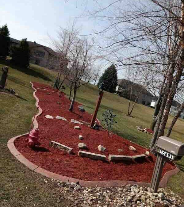 Red mulch garden with stones and trees